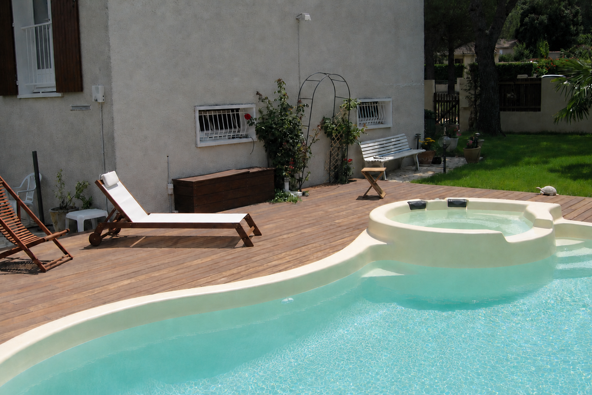 Piscina Tropicana Spa de Freedom Pools con spa integrado en un jardín